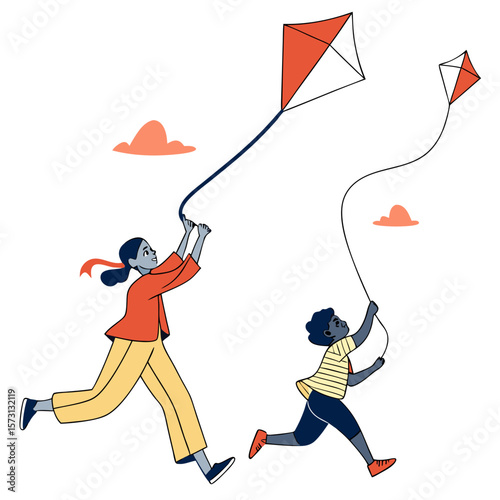 running people flying kites, orange, yellow, blue clip art preview