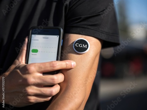 A person checks a continuous glucose monitor on their arm using a smartphone.