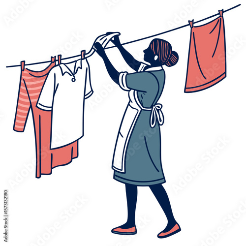 Woman Hanging Laundry on Clothesline
