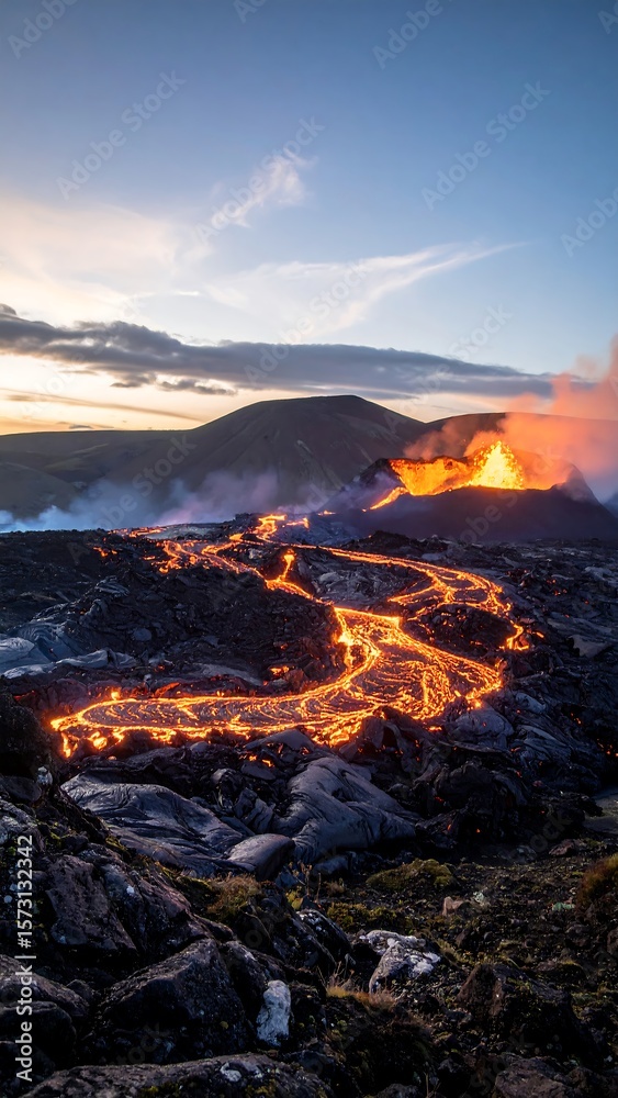 Fototapeta premium Volcano Eruption with Flowing Lava at Sunset in Volcanic Landscape