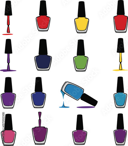 Vector illustration set of vibrant nail polish bottles and spilled polish, showcasing a variety of colors for manicure, beauty, nail art, and cosmetic concepts on a white background.