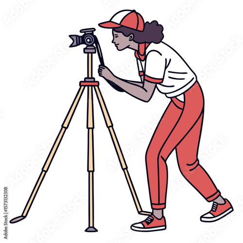 Woman Photographer with Camera on Tripod, Red and White Illustration