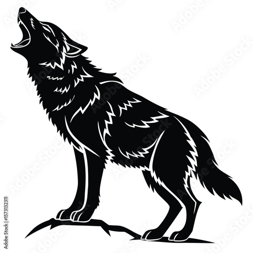 Majestic Howling Wolf Silhouette Standing Proudly on Rocky Outcrop
