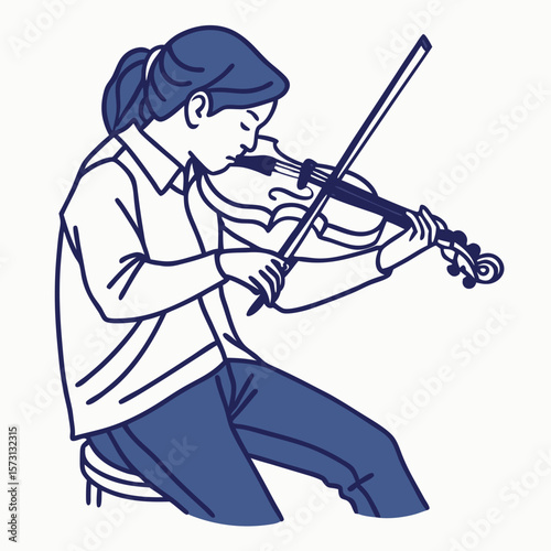 Woman Playing Violin: Blue Line Art Illustration
