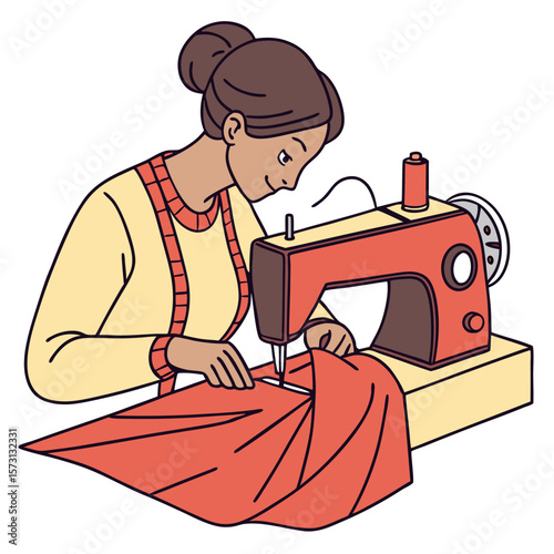 Woman Sewing on a Vintage Sewing Machine