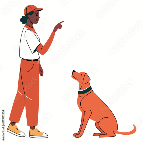 Woman Training Orange Dog in Simple Illustration