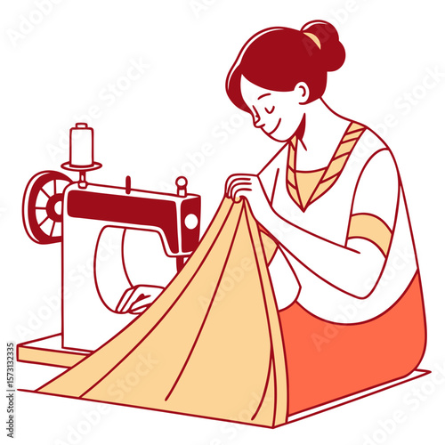 Woman Sewing Fabric on Vintage Machine