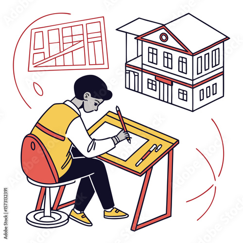 Architect Drawing House Blueprint at Desk