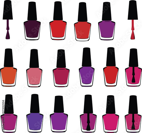 Vector nail polish illustration set: various colorful bottles in pink, red, and purple, some with splashes. Ideal for beauty, fashion, and cosmetic designs, isolated on white background.