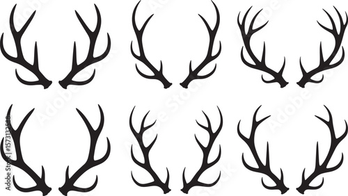 Collection of six black deer antler silhouettes isolated on transparent background