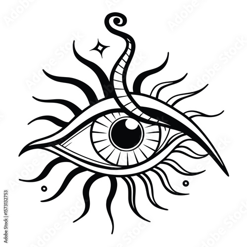 Mystical All Seeing Eye Symbol with Serpent and Sun Rays