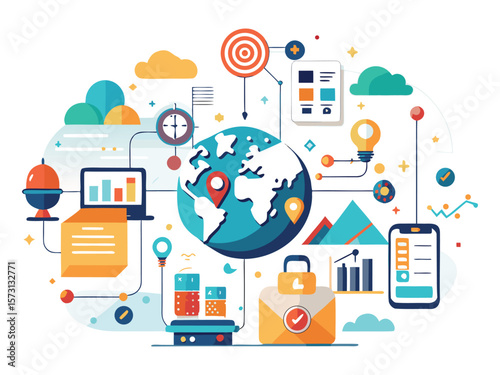 Global business strategy and data analysis with interconnected elements isolated on white background
