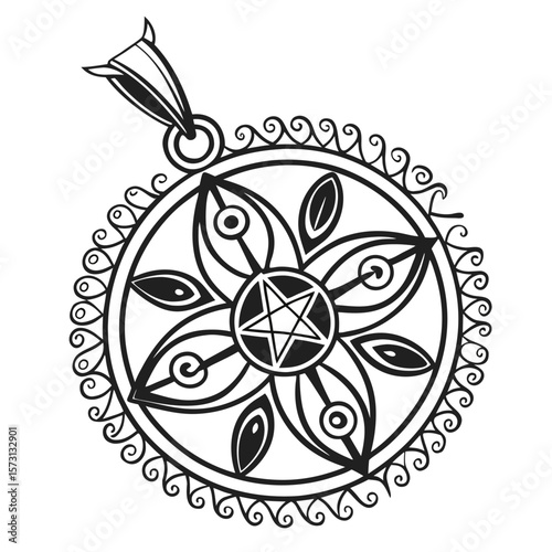 Intricate circular pendant design featuring a star and floral motifs