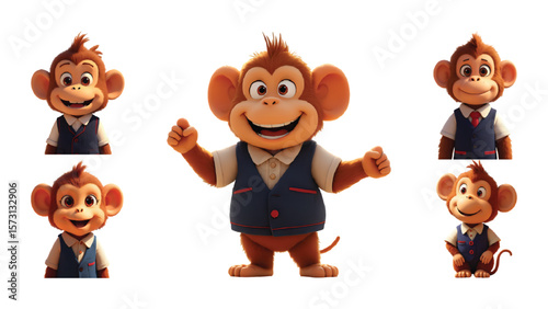 Cheerful cartoon monkey set showcases adorable character designs in business attire, perfect for creating engaging and lively graphics, icons, or mascot logos for diverse projects.