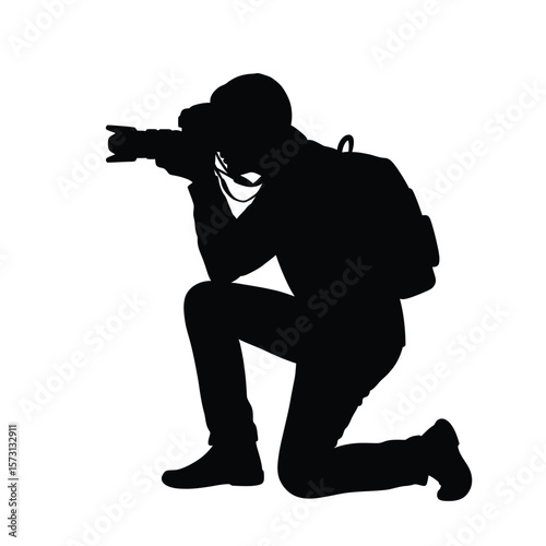 Photographer Kneeling, Silhouette, DSLR Camera, Backpack