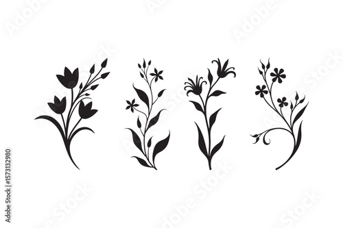 Elegant black silhouette floral designs with delicate leaves and buds