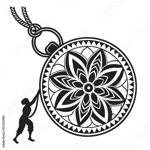 A person pulls a rope attached to a large medallion with a floral design