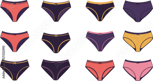 Vector illustration set of colorful women's underwear, including various styles of panties and briefs, ideal for lingerie, intimate apparel, comfort, and fashion concepts on white background.