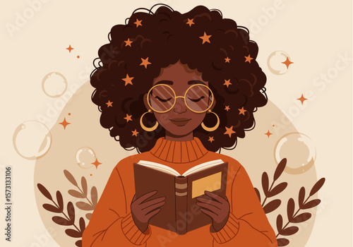 An enchanting illustration of a Black woman with starry hair and glasses, engrossed in reading a book in a cozy, dreamy setting.