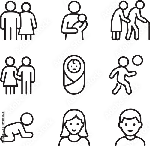 Family and parenting line icon set. Vector pictograms of couples, single parents, children, elderly, baby, newborn, teenager thin line art vector illustration 