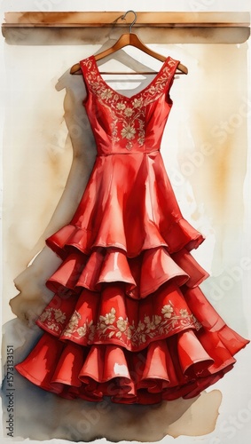 Beautiful red sleeveless dress with floral embroidery and layered ruffles, hanging on a wooden hanger against a neutral background.
