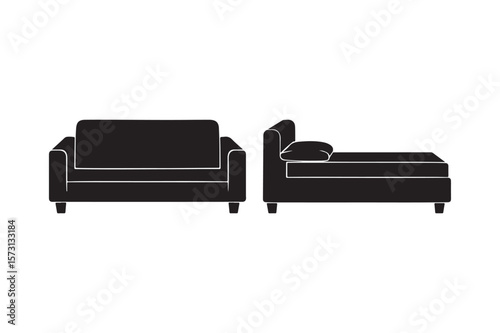 Black silhouette of a modern sofa and chaise lounge