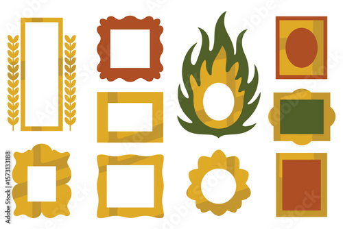 Decorative picture frames vector pack, stylish colorful borders in mustard yellow, burnt orange and olive green

