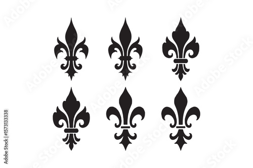 Collection of six black fleur de lis symbols on a white background