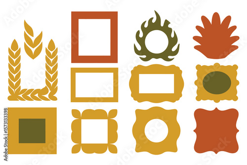  colorful decorative picture frames in mustard yellow, burnt orange and olive green tones

