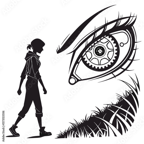 A lone person walks towards a giant mechanical eye watching from the grass