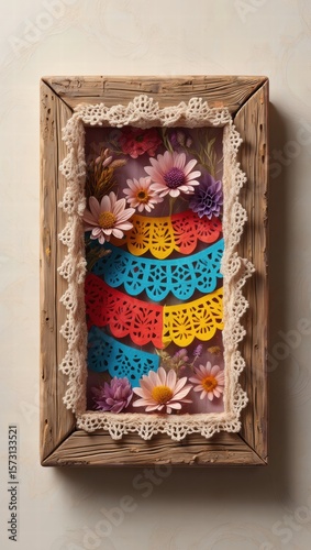 Framed Mexican folk art with paper lace and flowers. Decorative handmade frame featuring colorful papel picado-style lace and artificial flowers — ideal for folk art, Día de los Muertos, or cultural 
