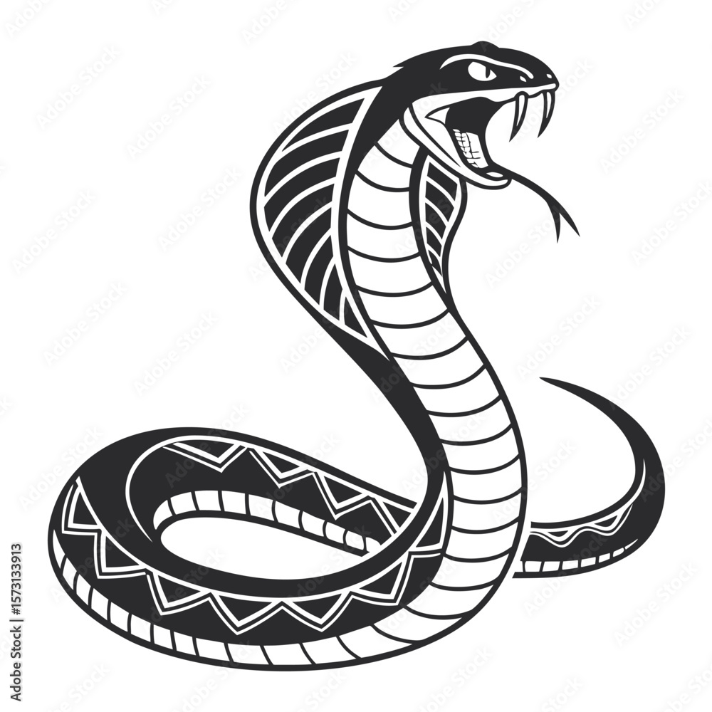 Fototapeta premium Graphic Design of a Majestic Cobra Ready to Strike with Fangs and Hood Displayed