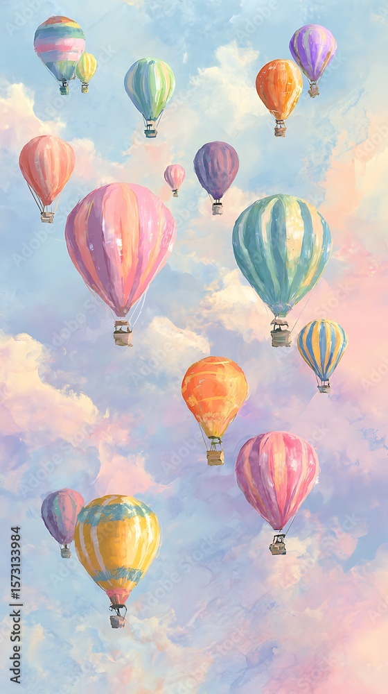 Obraz premium Whimsical watercolor hot air balloons floating in pastel sky