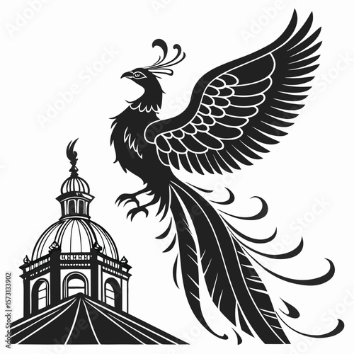 Mythical Phoenix Ascending Over Ornate Architectural Dome Structure