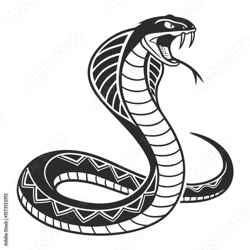 Graphic Design of a Majestic Cobra Ready to Strike with Fangs and Hood Displayed