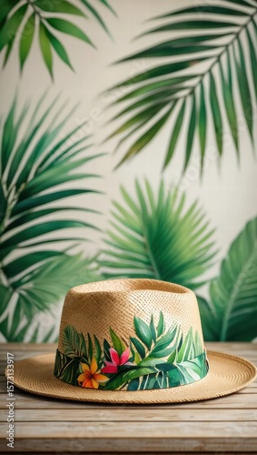 Stylish straw hat decorated with green palm leaf and floral pattern, placed against a tropical botanical background.
