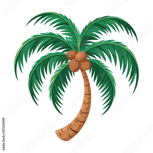 A vibrant cartoon palm tree with coconuts evokes a sense of tropical paradise and relaxation