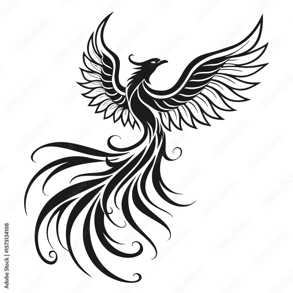 Obraz premium Majestic mythical bird rising from flames with flowing tail feathers