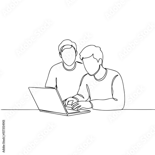 Two men collaborating on laptop in minimalist line art style  