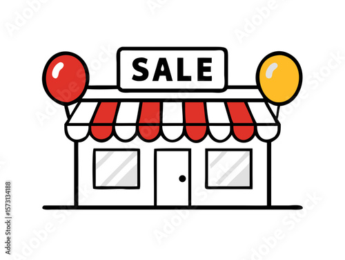 Sale store with balloons and striped awning in colorful style