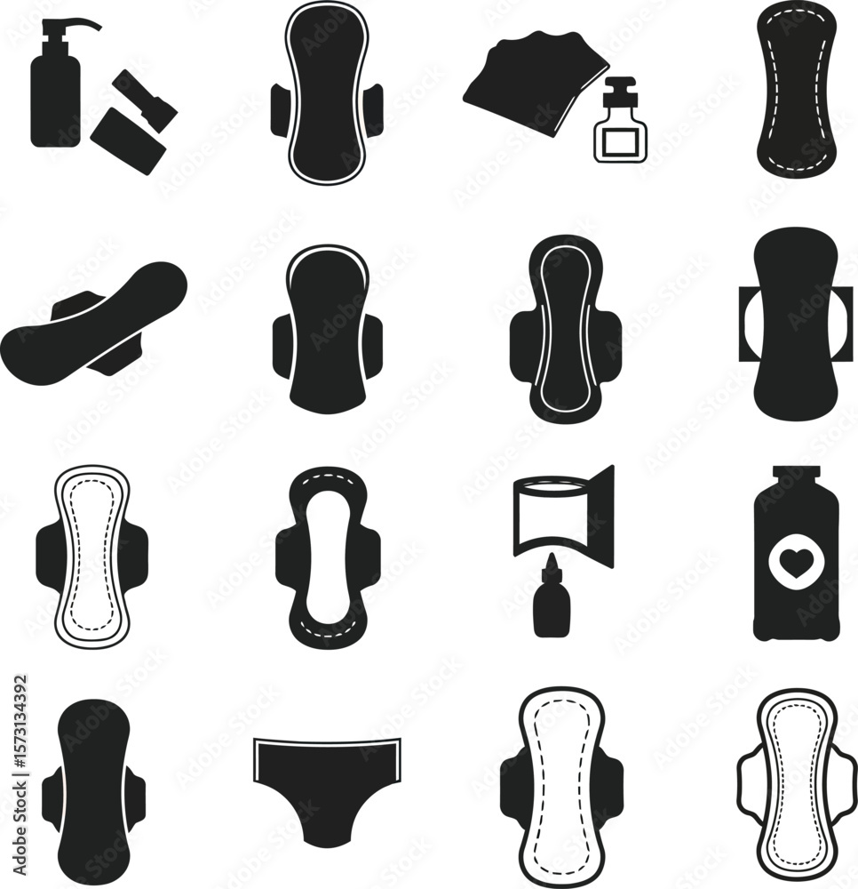 Obraz premium Vector illustration set of menstrual cup silhouettes in various shapes and designs, representing sustainable feminine hygiene, eco-friendly period care, and modern health concepts on white background.