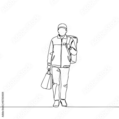 Delivery worker walking while carrying food bags in minimalist style  