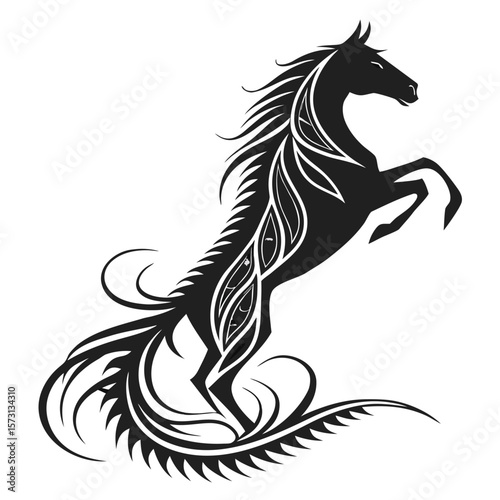 Majestic Black Horse Rearing Up With Ornate Mane Tail Design