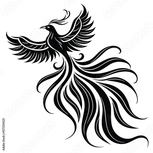 Elegant Black Phoenix Silhouette with Elaborate Flowing Tail Feathers