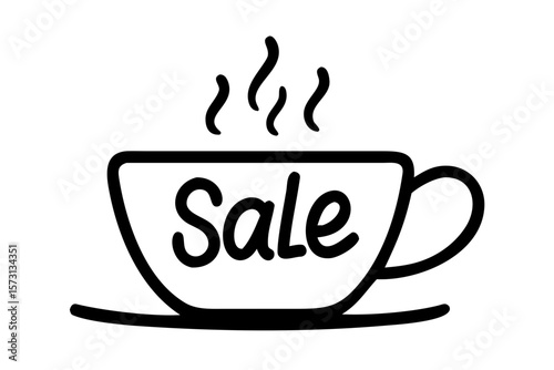 Coffee cup with sale text in black linear style