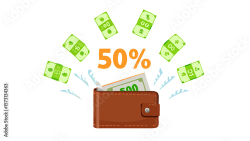 Wallet with money and 50 percent discount label