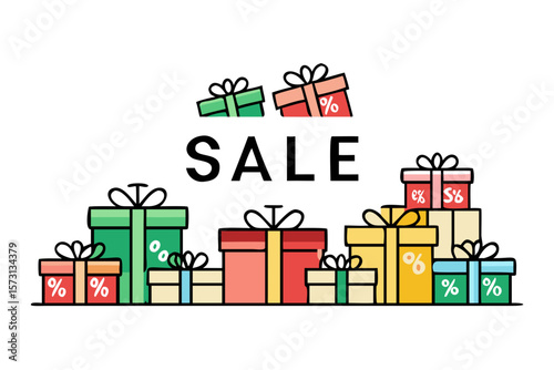 Minimalist gift boxes and sale labels on white background