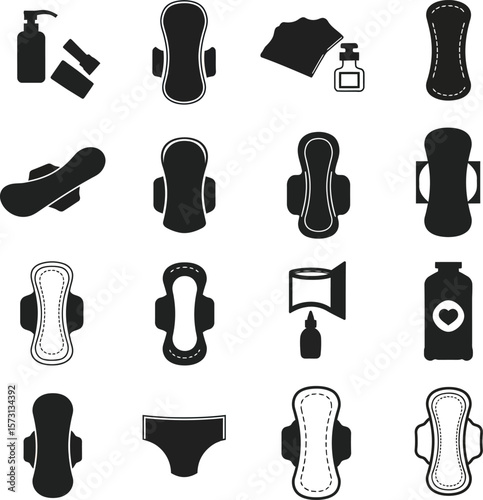 Vector illustration set of menstrual cup silhouettes in various shapes and designs, representing sustainable feminine hygiene, eco-friendly period care, and modern health concepts on white background.