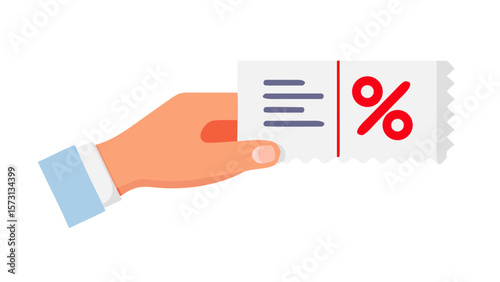 Hand holding discount coupon with percent sign in flat style
