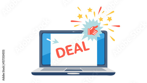 Laptop with exploding deal label and digital burst